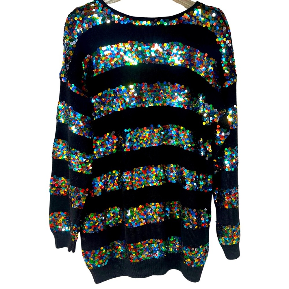 Vintage Studio Black Multicolor Sequin Cotton Blend Knit Long 80s Sweater Sz M - Picture 2 of 5
